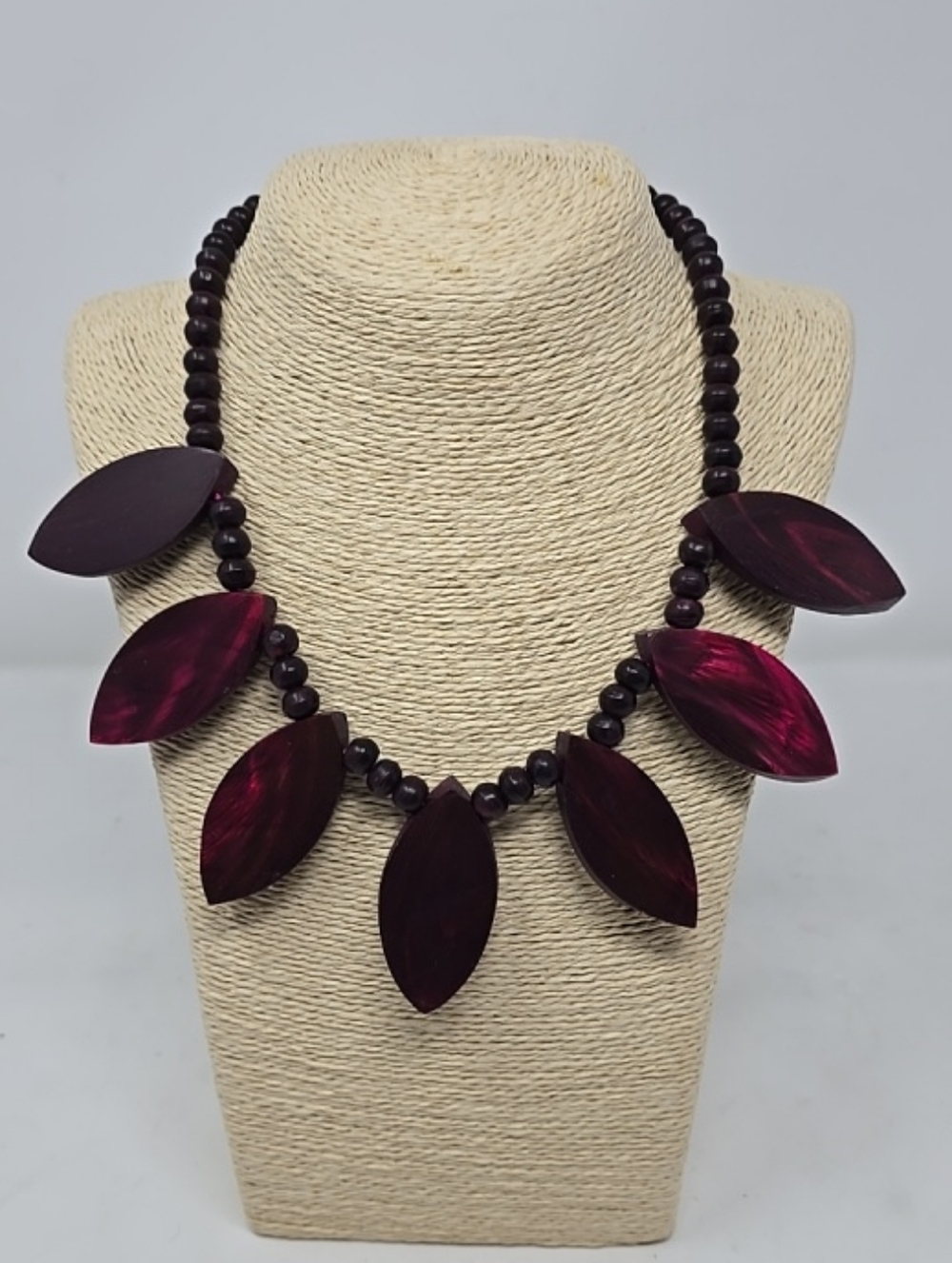 Vtg colored wood carved beaded necklace leaf statement fashion jewelry folk‎ art